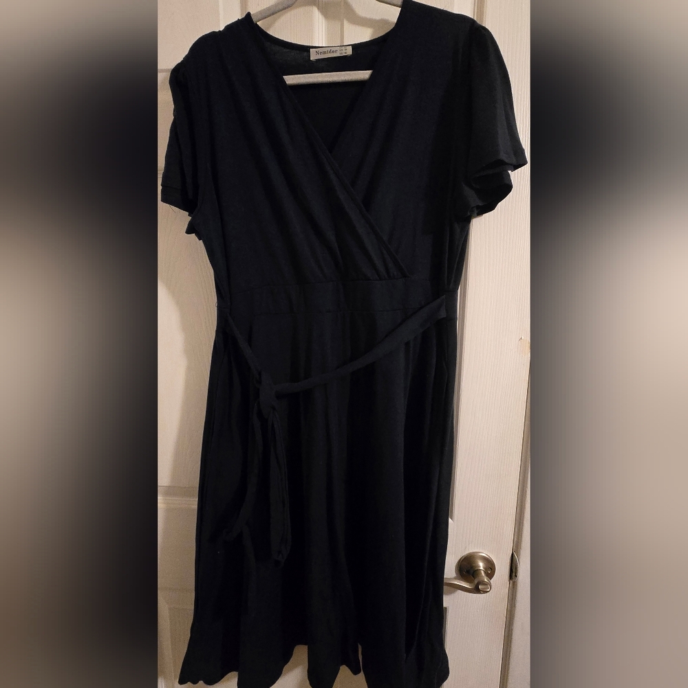 Navy Wrap-Style Dress with Tie Waist